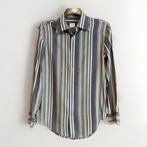 Armani Collezioni Blue White Striped Button Up Shirt Men's Medium Viscose Silk